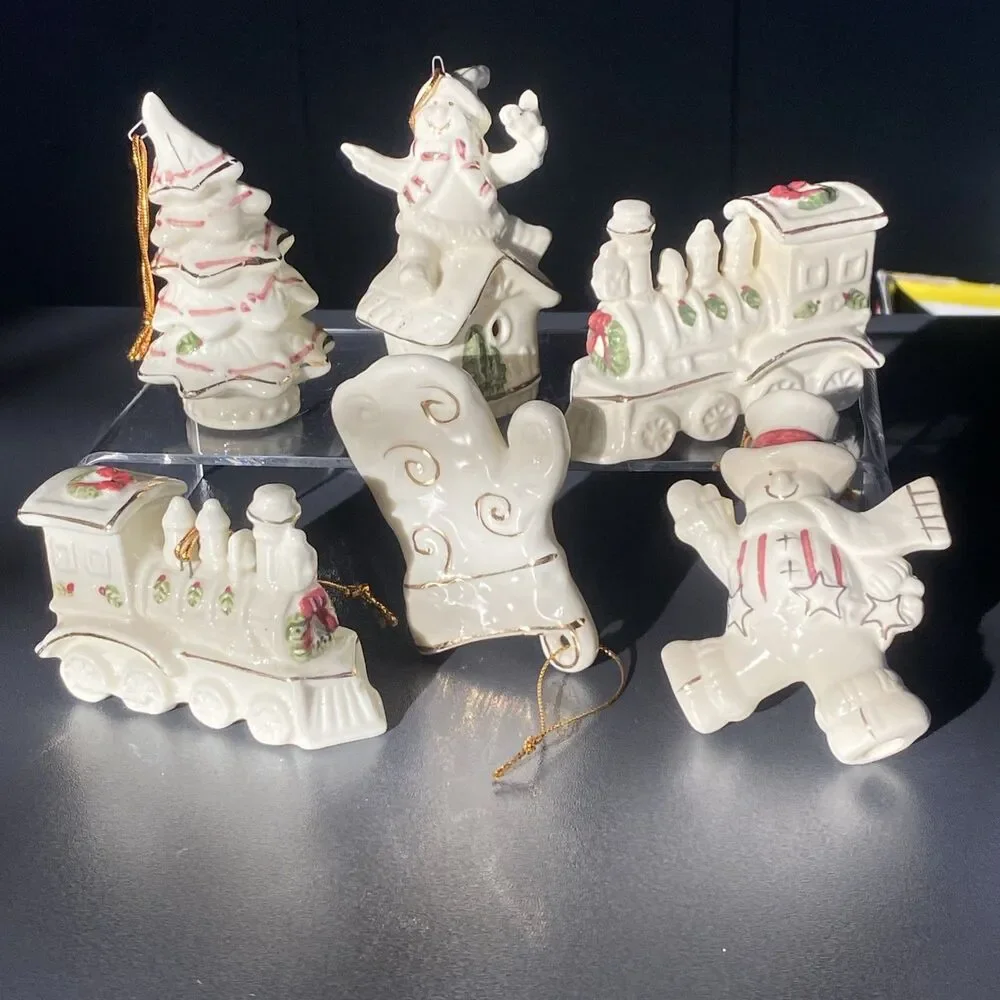 6 Gold Trim Hanging Christmas Ornaments White Snowman Train Glove Holiday Tree